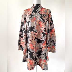 ZARA | Oriental Asian Floral Mock Neck Mini Dress with Bell Sleeves Size small